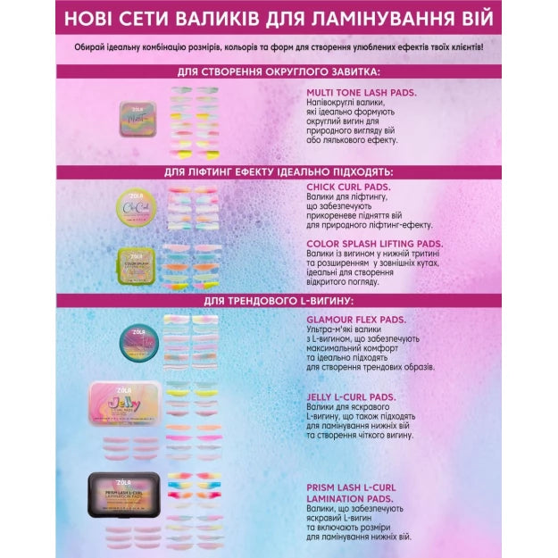 Набір валиків для ламінування вій ZOLA / Color Splash Lifting (XS, S, M, L, XL)