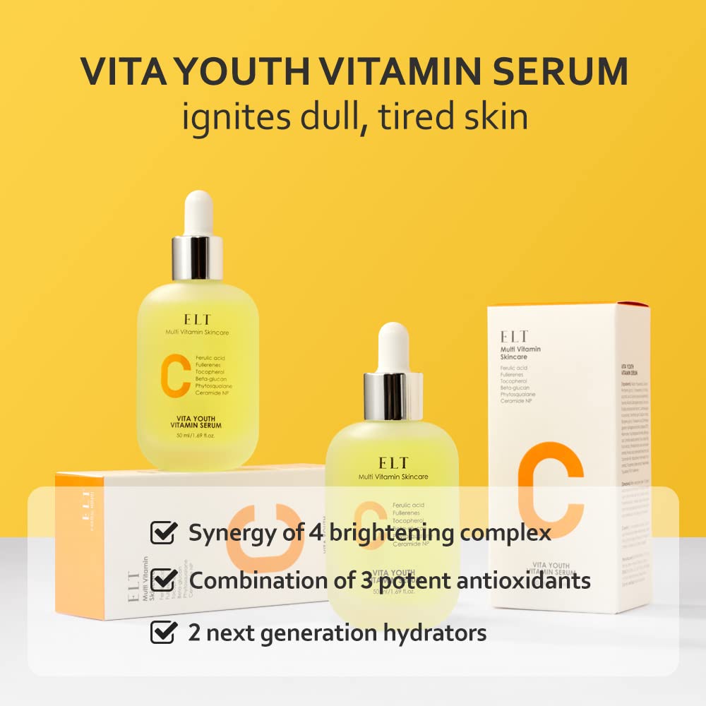 ELT Vita Youth Vitamin C Face Serum 1.69fl.oz.(50ml) | Skin Brightening | Ferulic Acid | Beta-Glucan| Anti-Aging | Dark Spot Remover | Korean Skincare (Pack of 1)