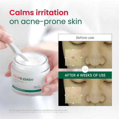 Заспокійливий крем Dr. G RED Blemish Clear - Заспокійливий корейський зволожувальний крем від почервоніння - Заспокоює акне та подразнення - З центеллою азіатською - Тривале зволоження - 2.36 рідких унцій 