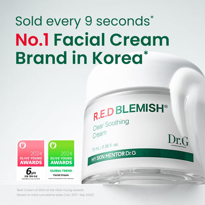 Заспокійливий крем Dr. G RED Blemish Clear - Заспокійливий корейський зволожувальний крем від почервоніння - Заспокоює акне та подразнення - З центеллою азіатською - Тривале зволоження - 2.36 рідких унцій 