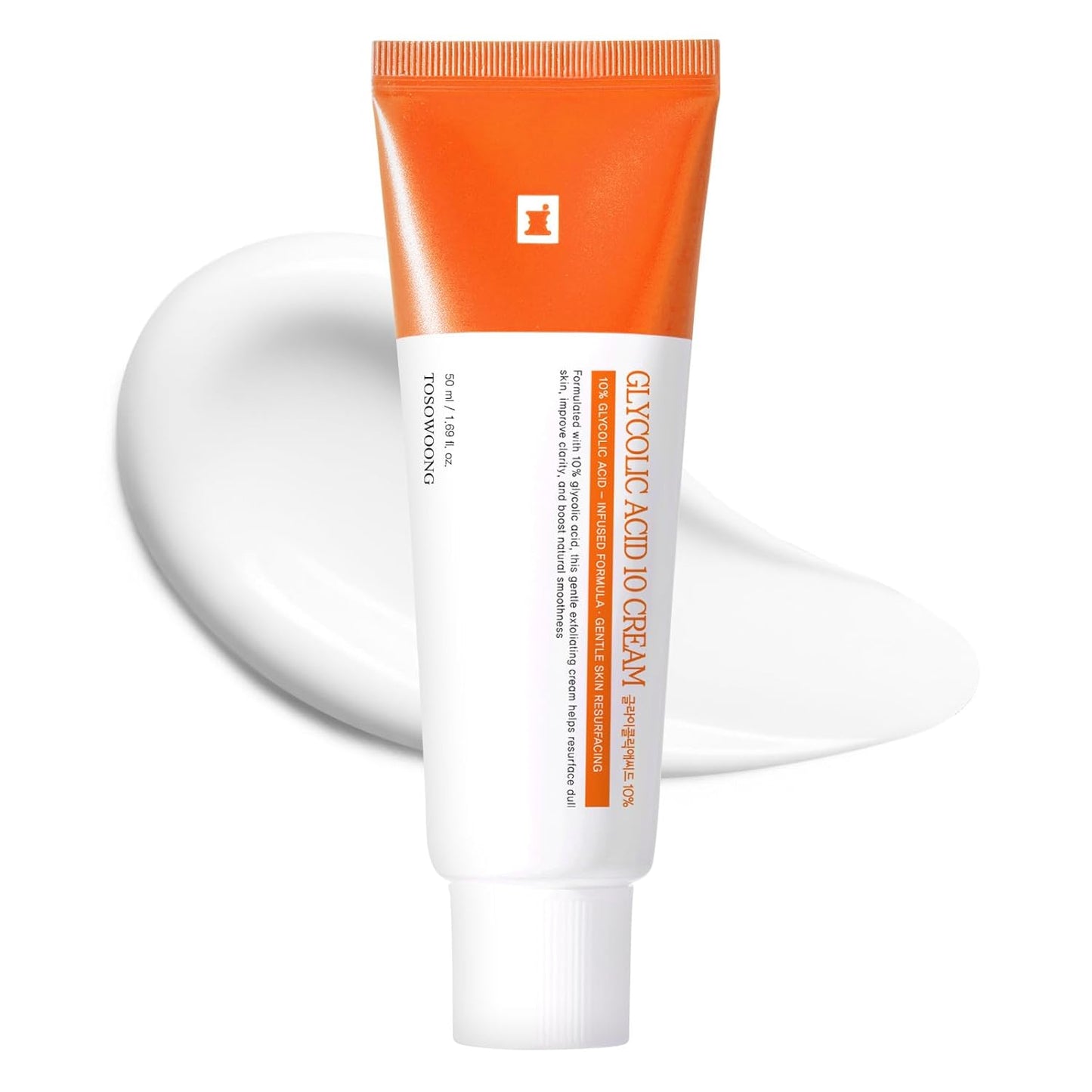 TOSOWOONG Glycolic Acid 10% Cream, AHA-ексфоліатор, крем для розгладження шкіри від нерівностей, темних плям, зморшок, тонких ліній з пантенолом, гіалуроновою кислотою, для ефекту скляної шкіри, корейський догляд, 50 мл/1,69 рідких унцій.