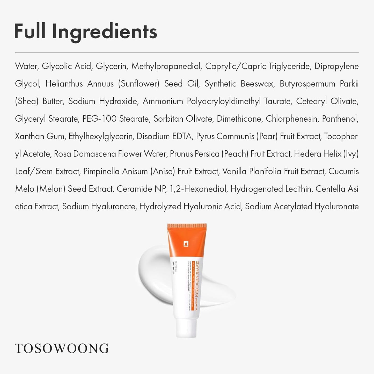 TOSOWOONG Glycolic Acid 10% Cream, AHA-ексфоліатор, крем для розгладження шкіри від нерівностей, темних плям, зморшок, тонких ліній з пантенолом, гіалуроновою кислотою, для ефекту скляної шкіри, корейський догляд, 50 мл/1,69 рідких унцій.
