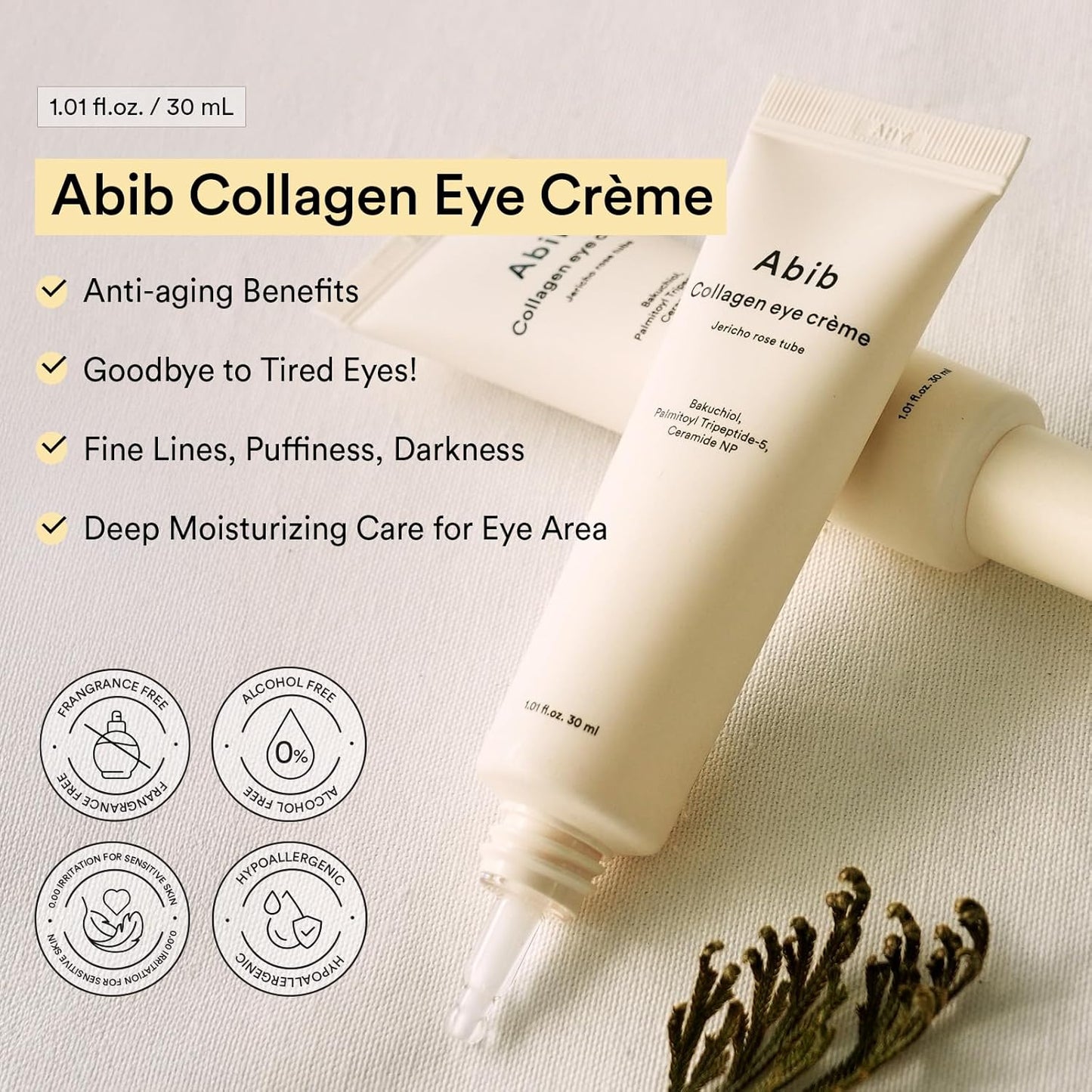 Крем для очей Abib Collagen Jericho Rose у тюбику від темних кіл, набряків та дрібних зморшок під очима